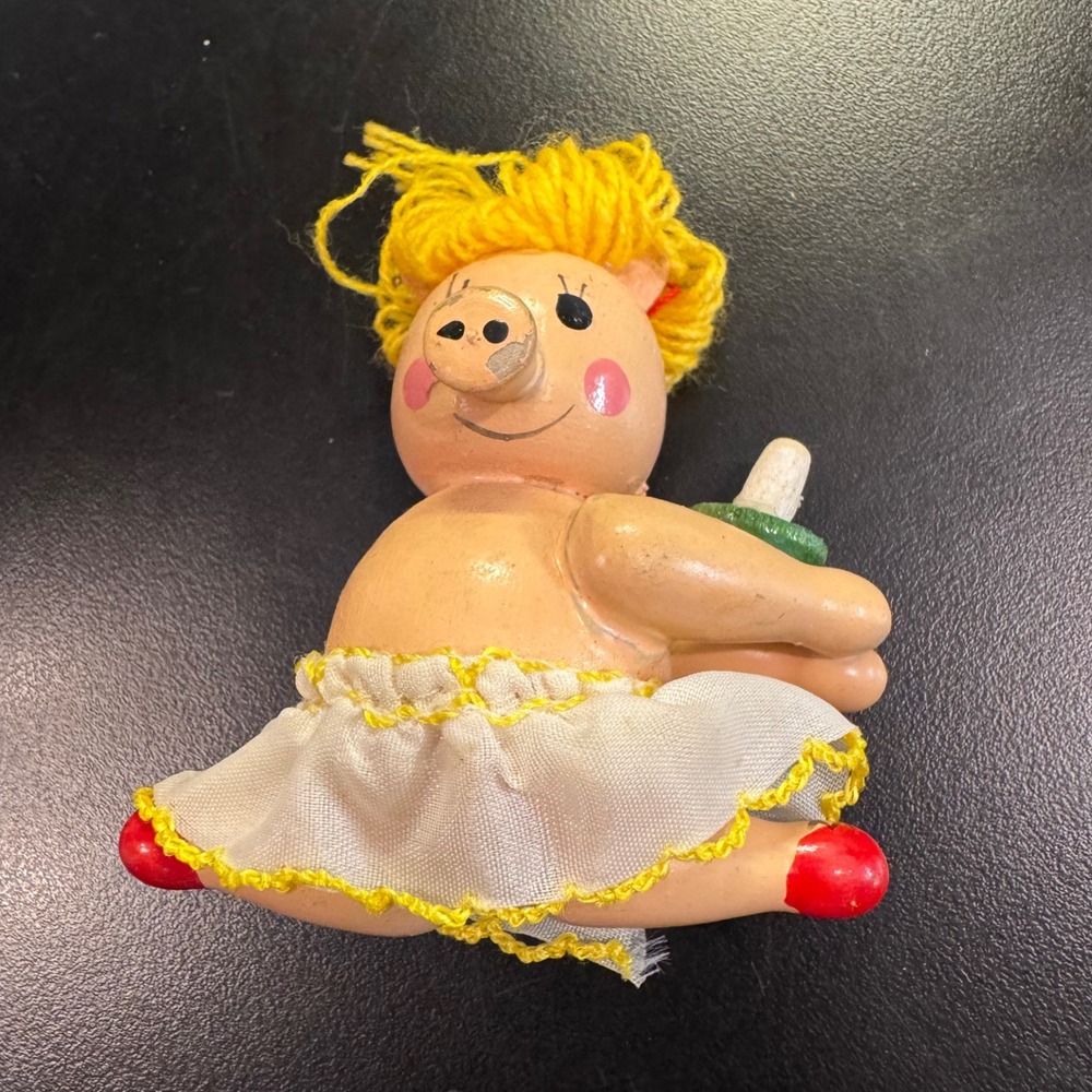 Vintage Wooden Ballerina Pig Figurine Small Pink White Yellow Folk Art Decor
